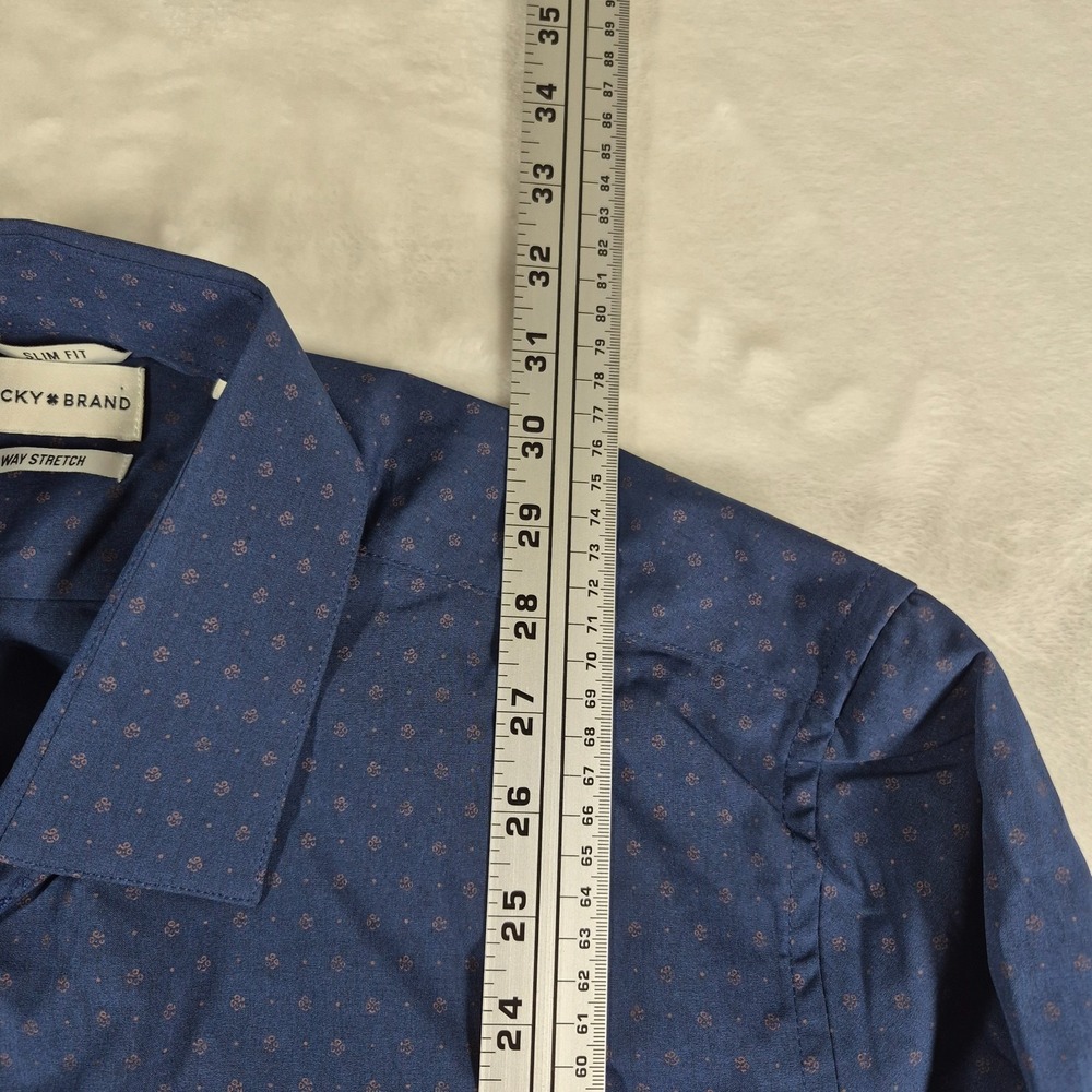 Lucky Brand 4 Way Stretch Button Up Shirt Men's Large Blue Slim Geometric NWT - Picture 3 of 9
